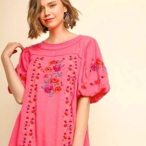 Umgee Fuchsia Embroidered Mini Dress Puff Sleeve Coral Tunic Floral Lace L